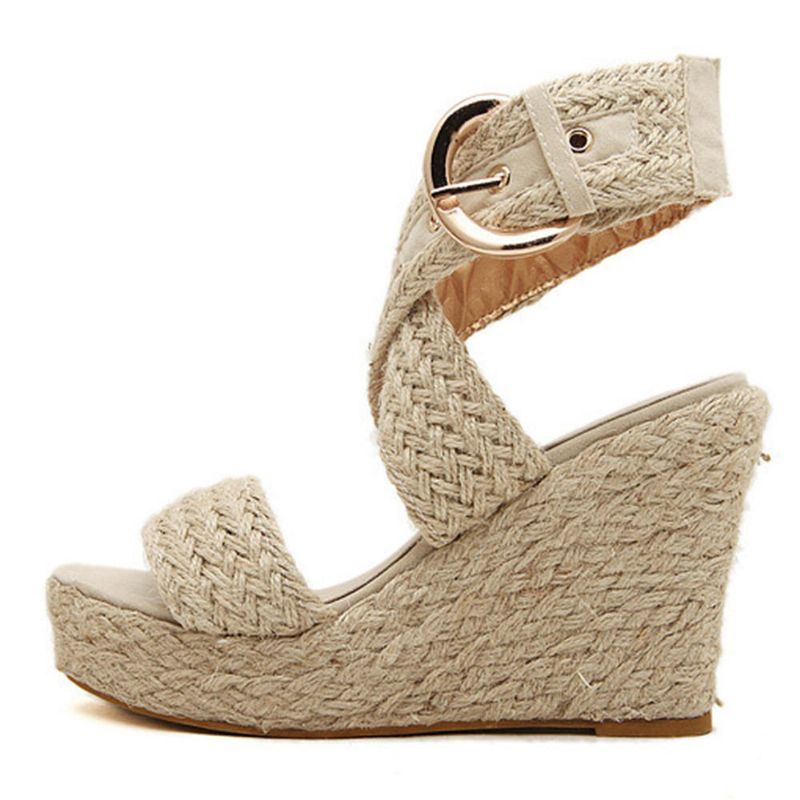 Dames Vlas Dikke Bodem Wedge Sandalen