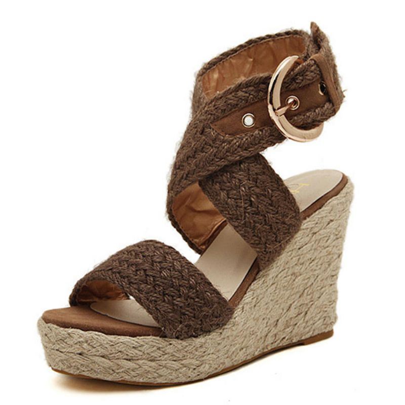 Dames Vlas Dikke Bodem Wedge Sandalen