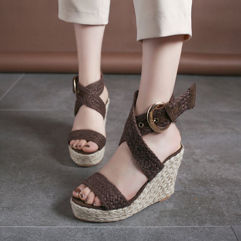 Dames Wedges Heel Gevlochten Espadrille Enkel Cross Buckle Strap Sandalen