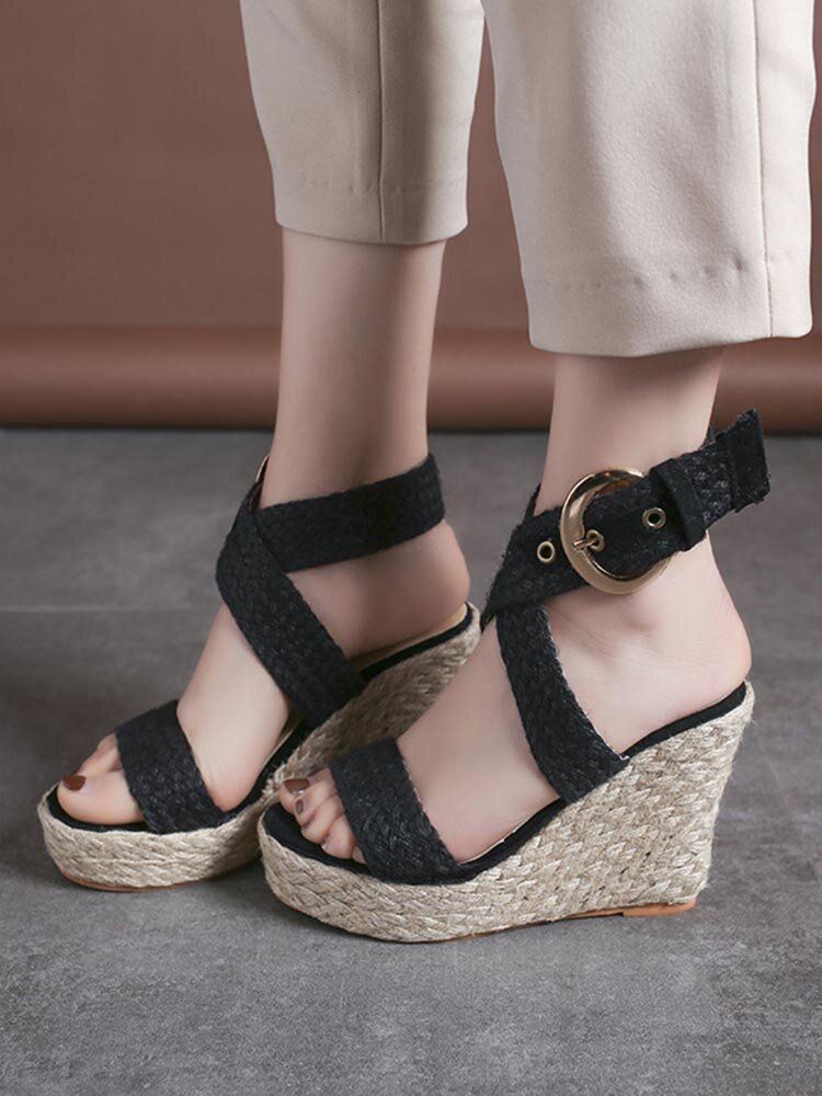 Dames Wedges Heel Gevlochten Espadrille Enkel Cross Buckle Strap Sandalen