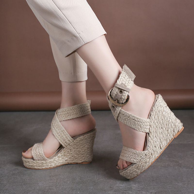 Dames Wedges Heel Gevlochten Espadrille Enkel Cross Buckle Strap Sandalen