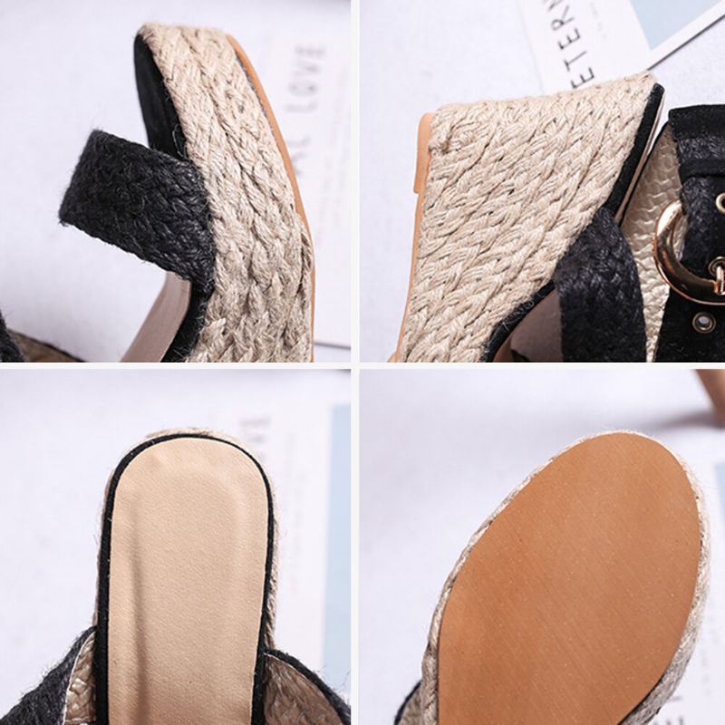 Dames Wedges Heel Gevlochten Espadrille Enkel Cross Buckle Strap Sandalen