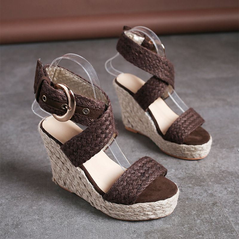 Dames Wedges Heel Gevlochten Espadrille Enkel Cross Buckle Strap Sandalen