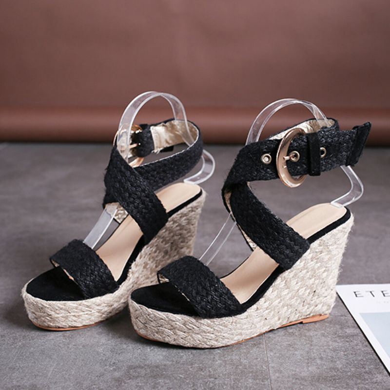 Dames Wedges Heel Gevlochten Espadrille Enkel Cross Buckle Strap Sandalen