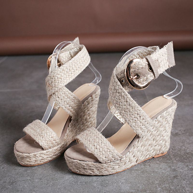 Dames Wedges Heel Gevlochten Espadrille Enkel Cross Buckle Strap Sandalen