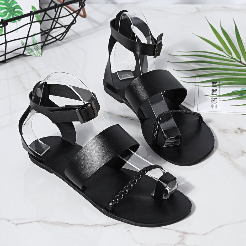 Dames Zomer Romeinse Zwarte Clip Teen Gesp Platte Sandalen