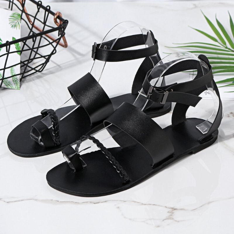 Dames Zomer Romeinse Zwarte Clip Teen Gesp Platte Sandalen