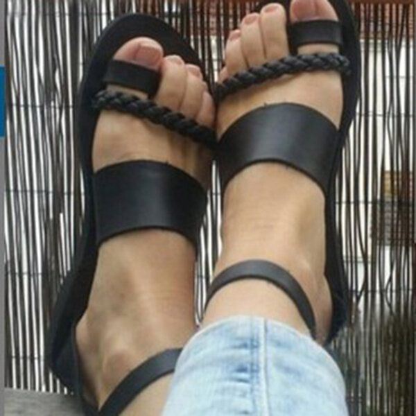 Dames Zomer Romeinse Zwarte Clip Teen Gesp Platte Sandalen