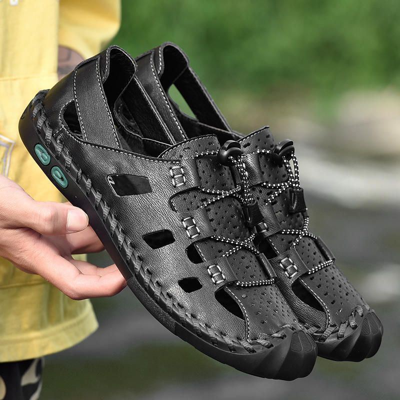 Echt Lederen Handgestikte Outdoor Sandalen Voor Heren