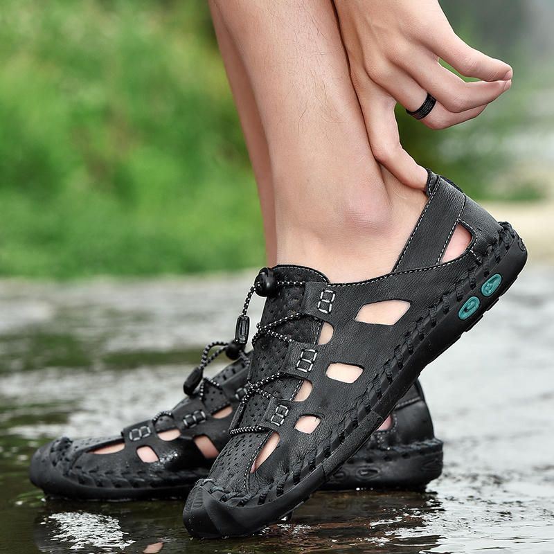 Echt Lederen Handgestikte Outdoor Sandalen Voor Heren