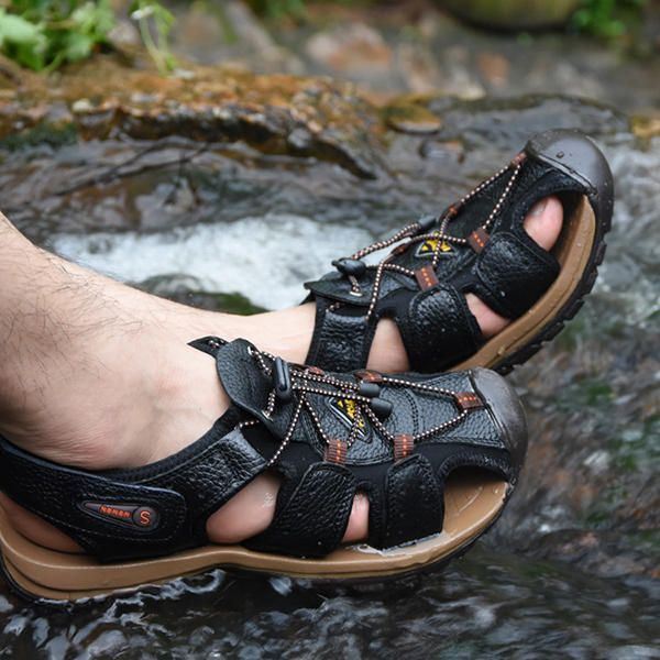 Echt Lederen Strandsandalen Voor Heren Platte Schoenen Voor Buiten Met Ronde Neus