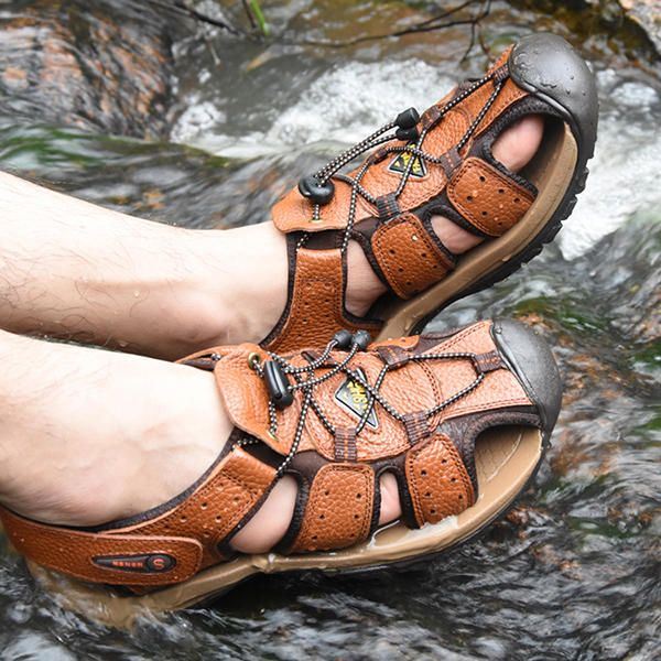 Echt Lederen Strandsandalen Voor Heren Platte Schoenen Voor Buiten Met Ronde Neus