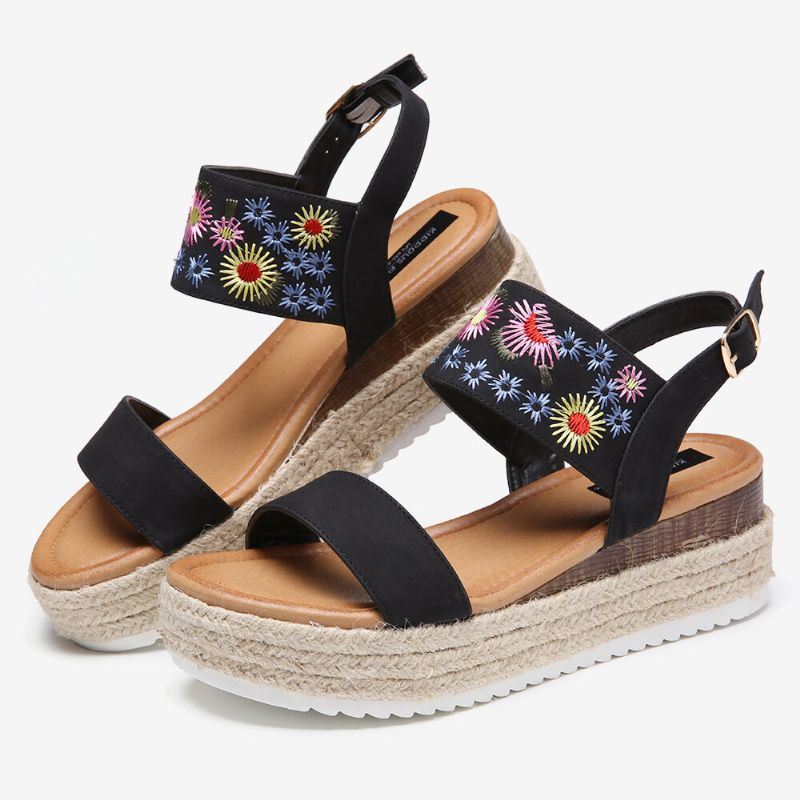 Espadrilles Dames Borduurwerk Bloemen Gesp Riem Slingback Platform Sandalen