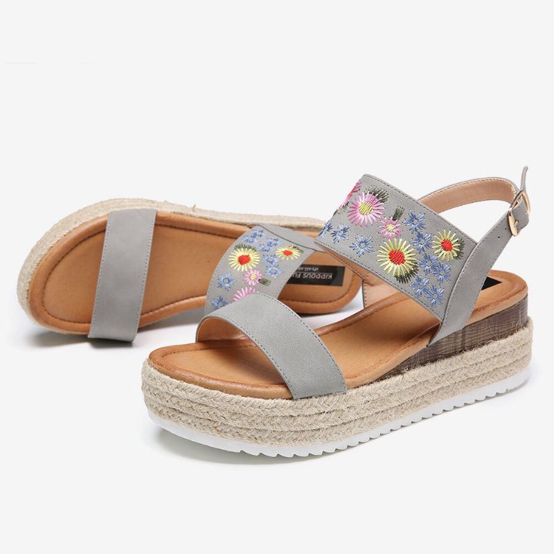 Espadrilles Dames Borduurwerk Bloemen Gesp Riem Slingback Platform Sandalen