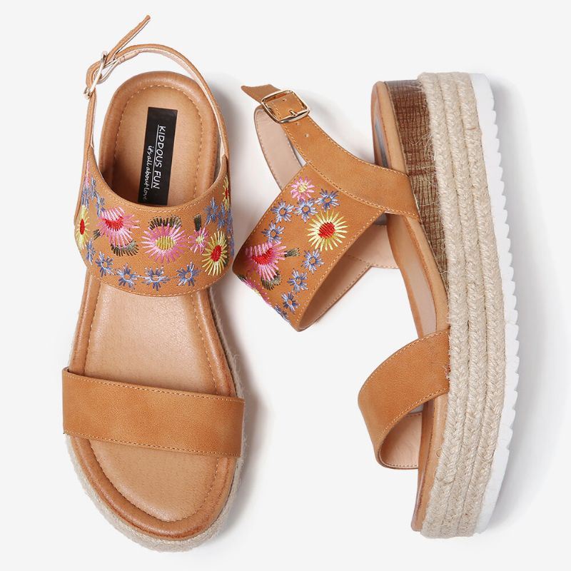 Espadrilles Dames Borduurwerk Bloemen Gesp Riem Slingback Platform Sandalen