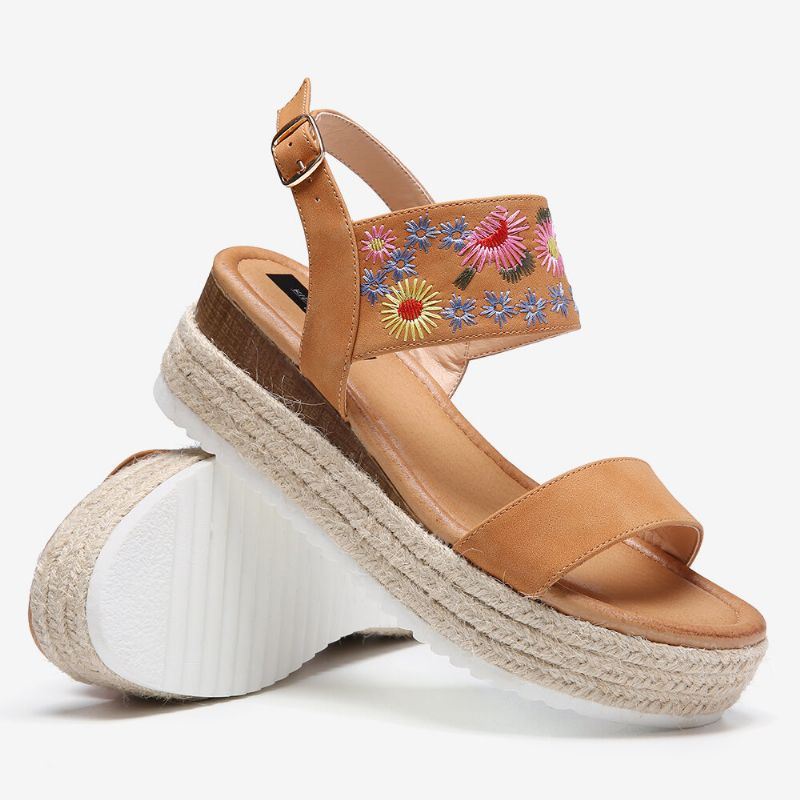 Espadrilles Dames Borduurwerk Bloemen Gesp Riem Slingback Platform Sandalen