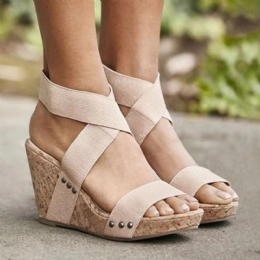 Grote Maat Dames Peep Toe Elastische Band Cross Wedge Sandalen