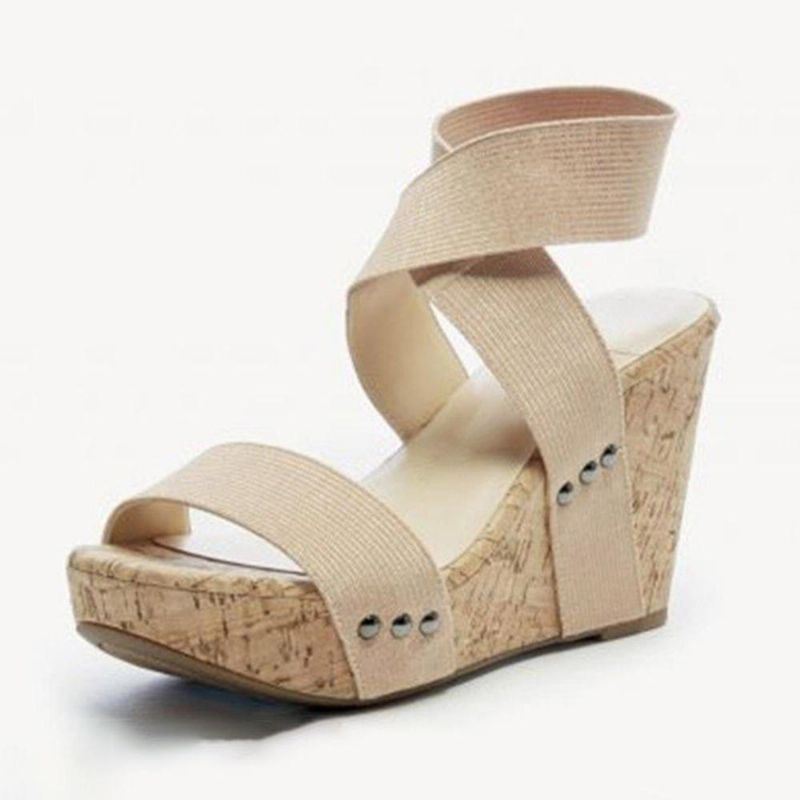 Grote Maat Dames Peep Toe Elastische Band Cross Wedge Sandalen