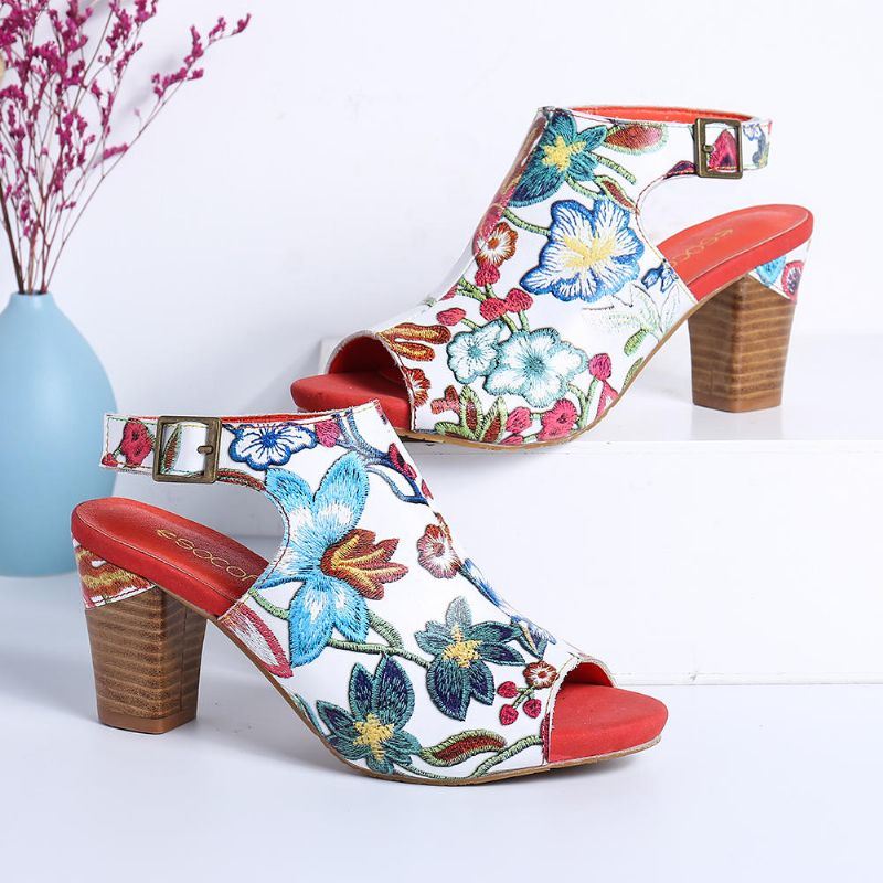 Handgemaakte Bloemen Leren Sandalen Met Hak En Hak Voor Dames