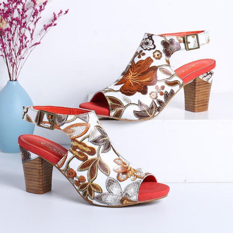 Handgemaakte Bloemen Leren Sandalen Met Hak En Hak Voor Dames