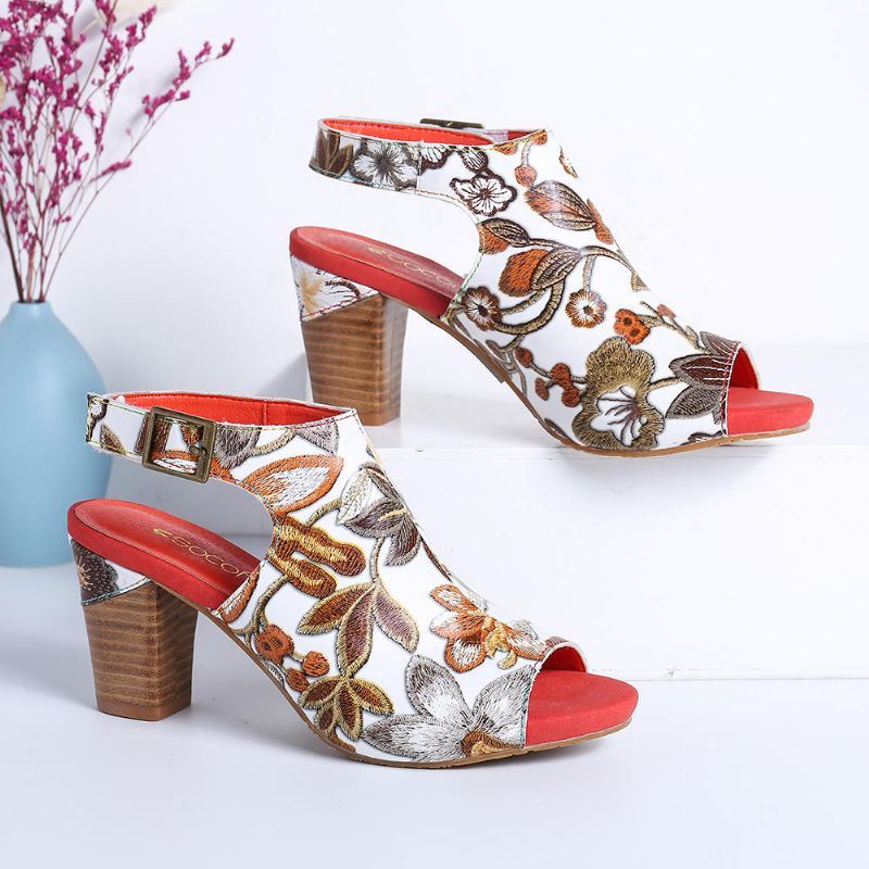 Handgemaakte Bloemen Leren Sandalen Met Hak En Hak Voor Dames