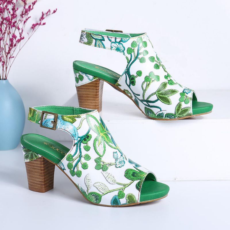 Handgemaakte Bloemen Leren Sandalen Met Hak En Hak Voor Dames