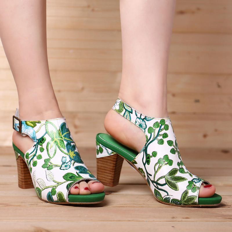 Handgemaakte Bloemen Leren Sandalen Met Hak En Hak Voor Dames