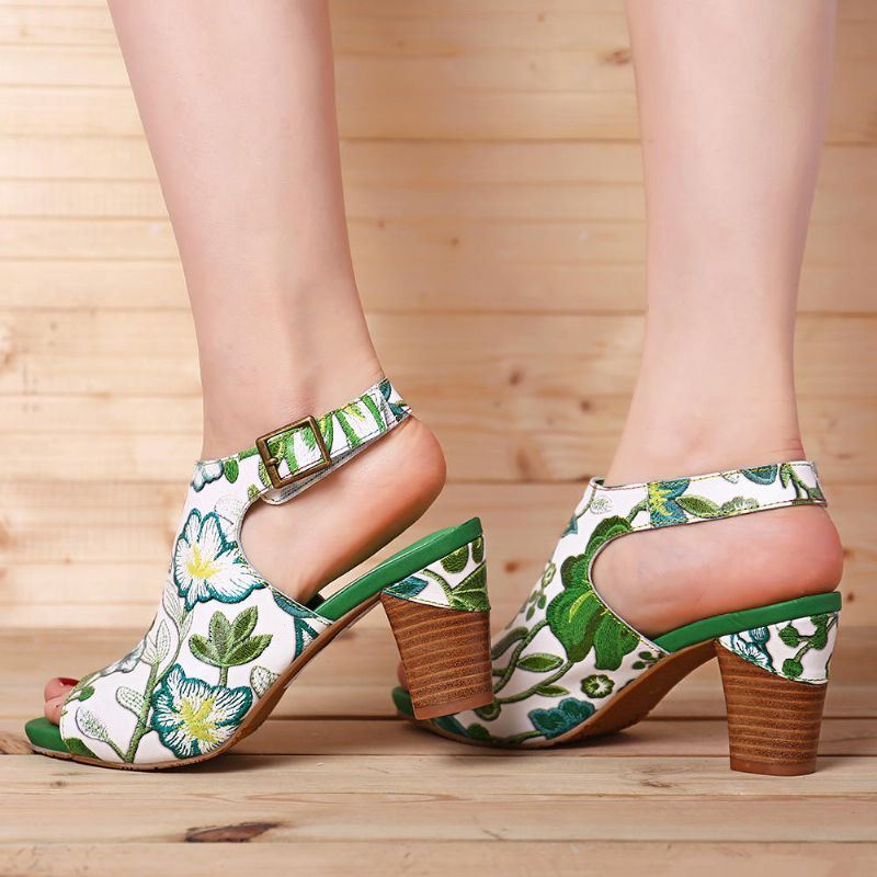 Handgemaakte Bloemen Leren Sandalen Met Hak En Hak Voor Dames