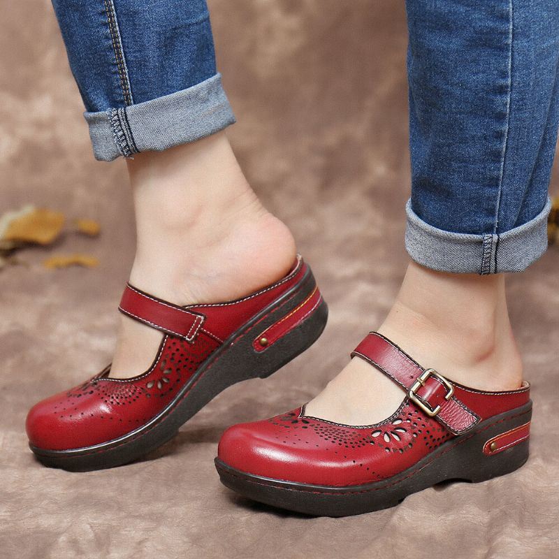 Handgemaakte Lederen Uitsnijdingen Voor Dames Gesp Stiksels Slip-on Muiltjes Antislip Wiggen Sandalen