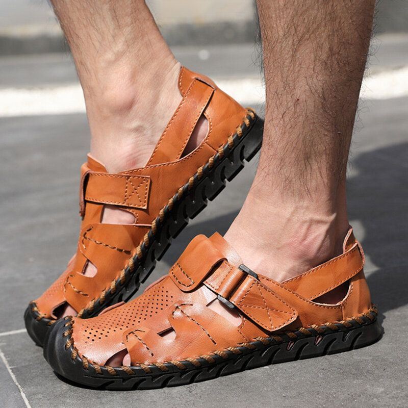 Heren Ademend Uitgehold Rundleer Close Toes Sandalen