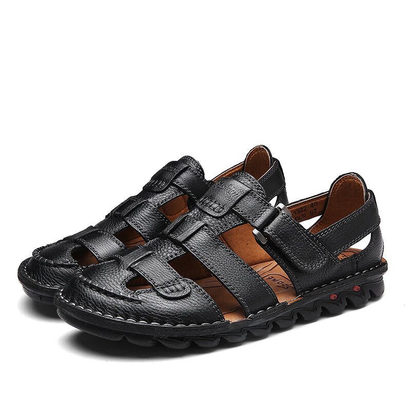 Heren Ademende Lederen Sandalen Met Klittenband