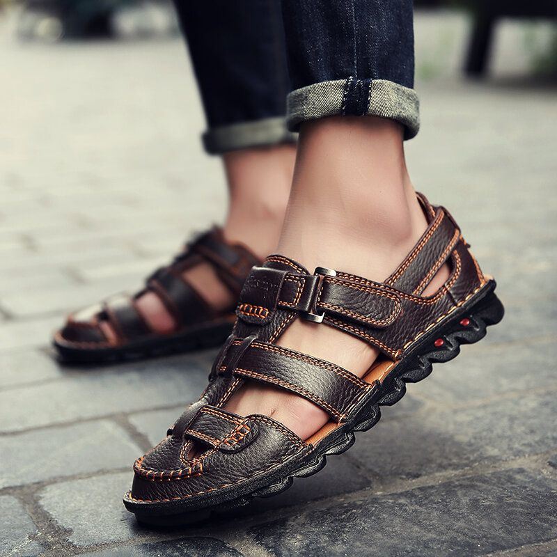 Heren Ademende Lederen Sandalen Met Klittenband