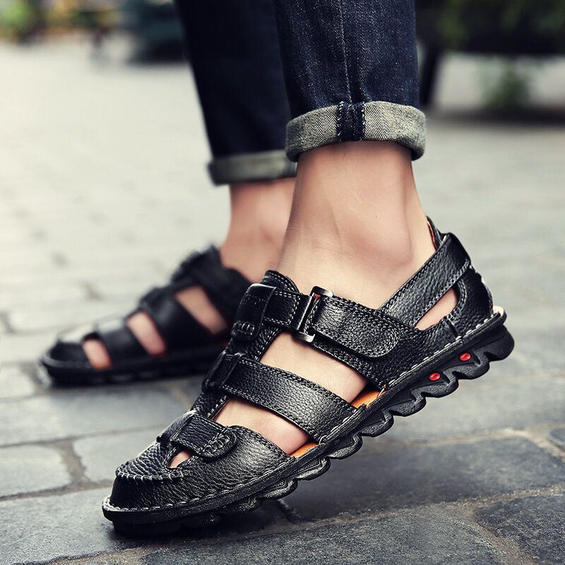 Heren Ademende Lederen Sandalen Met Klittenband