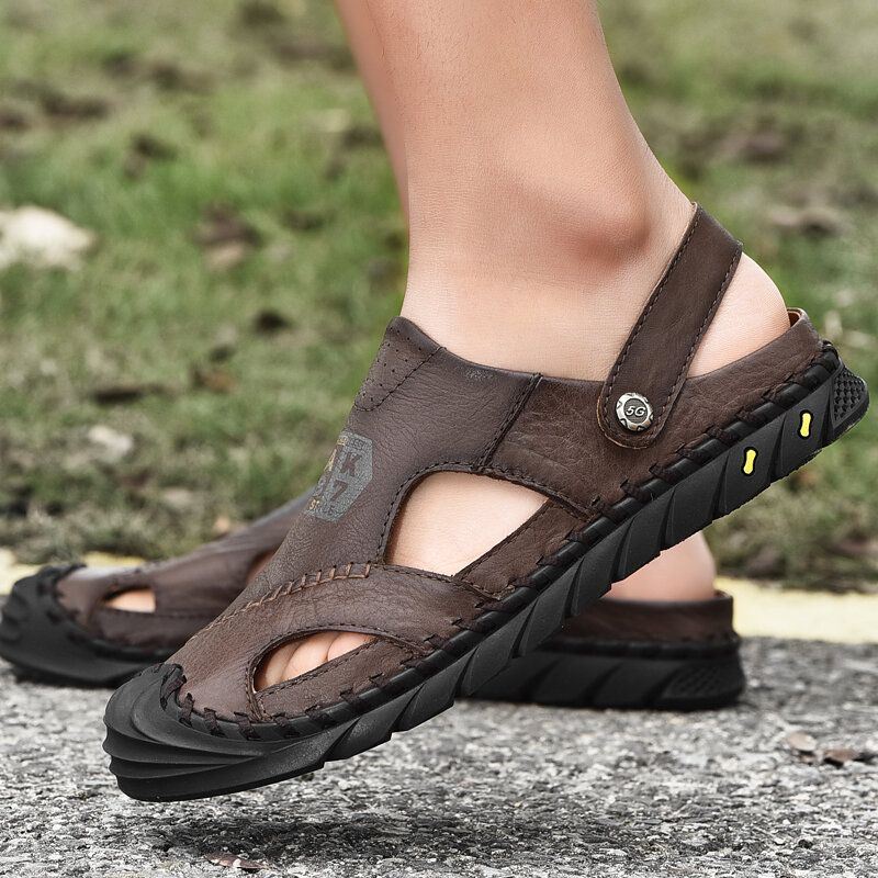 Heren Anti-collision Toe Koe Lederen Hand Stiksels Outdoor Water Sandalen