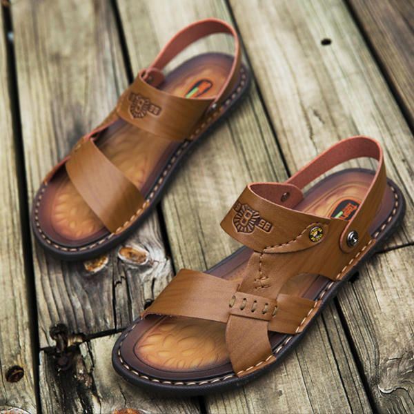 Heren Casual Ademende Leren Sandalen In Twee Richtingen