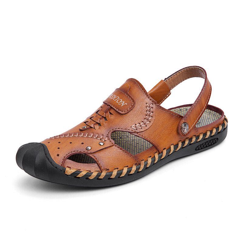 Heren Casual Echt Leer Hand Stiksels Zolen Sandalen