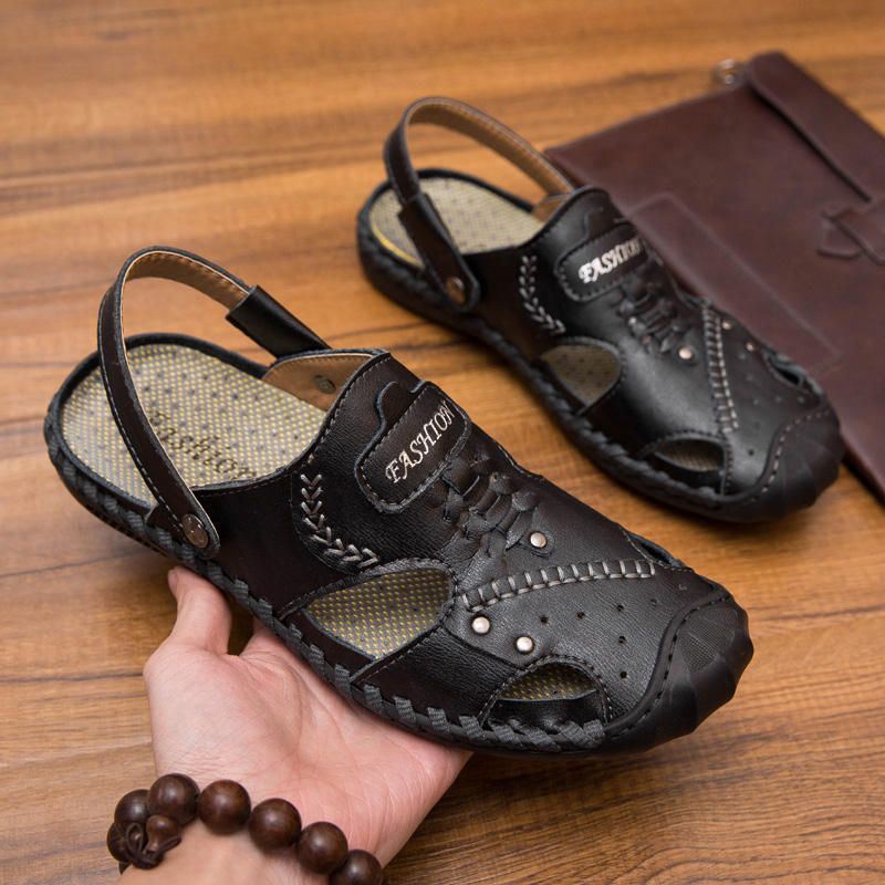 Heren Casual Echt Leer Hand Stiksels Zolen Sandalen