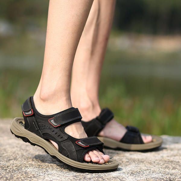 Heren Comfortabele Outdoor Klittenband Leren Sandalen Strandschoenen