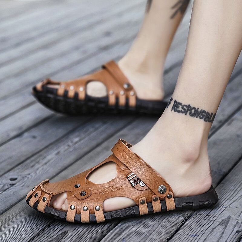 Heren Echt Lederen Sandalen Casual Twee-weg Ademende Slippers