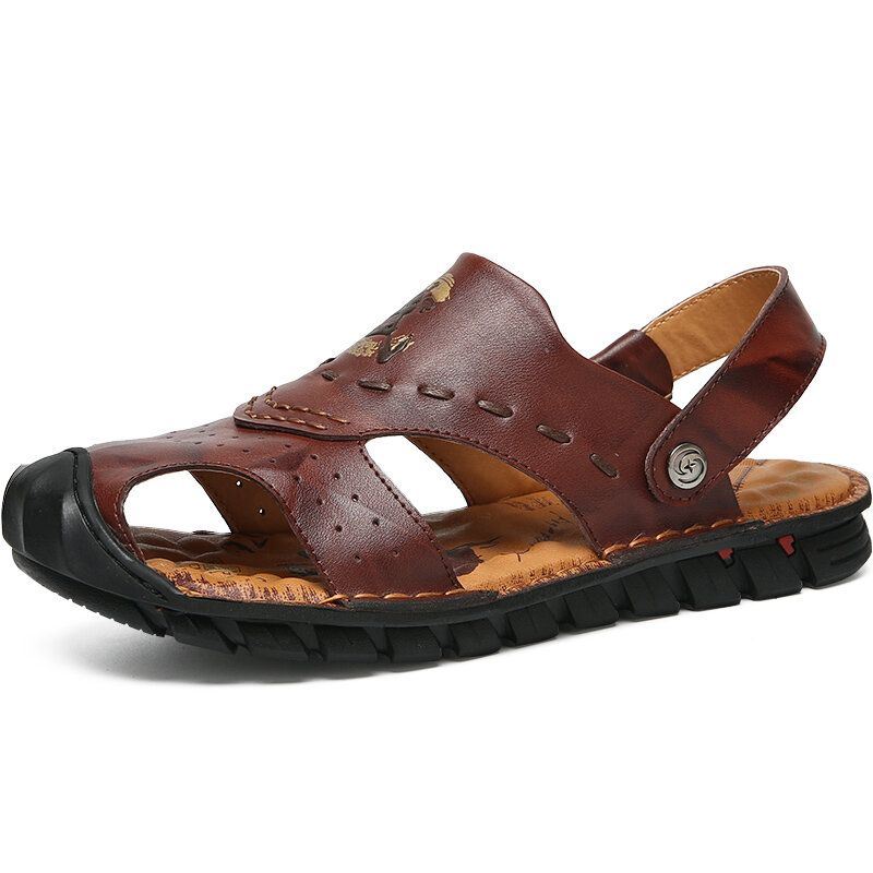 Heren Echt Leer Ademende Uitgeholde Zachte Zool Strand Sandalen