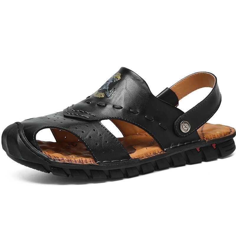 Heren Echt Leer Ademende Uitgeholde Zachte Zool Strand Sandalen