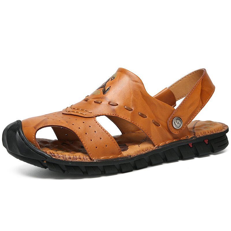 Heren Echt Leer Ademende Uitgeholde Zachte Zool Strand Sandalen