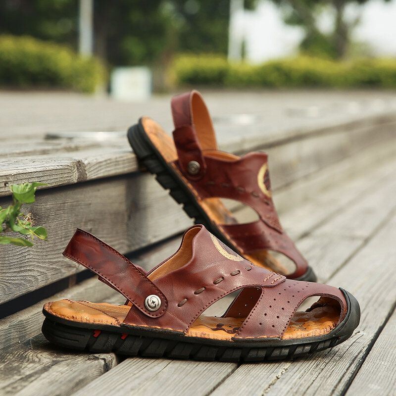 Heren Echt Leer Ademende Uitgeholde Zachte Zool Strand Sandalen