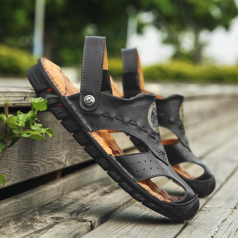 Heren Echt Leer Ademende Uitgeholde Zachte Zool Strand Sandalen