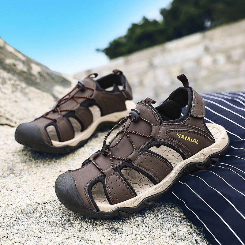 Heren Echt Leer Ademende Zachte Zolen Outdoor Strand Sandalen