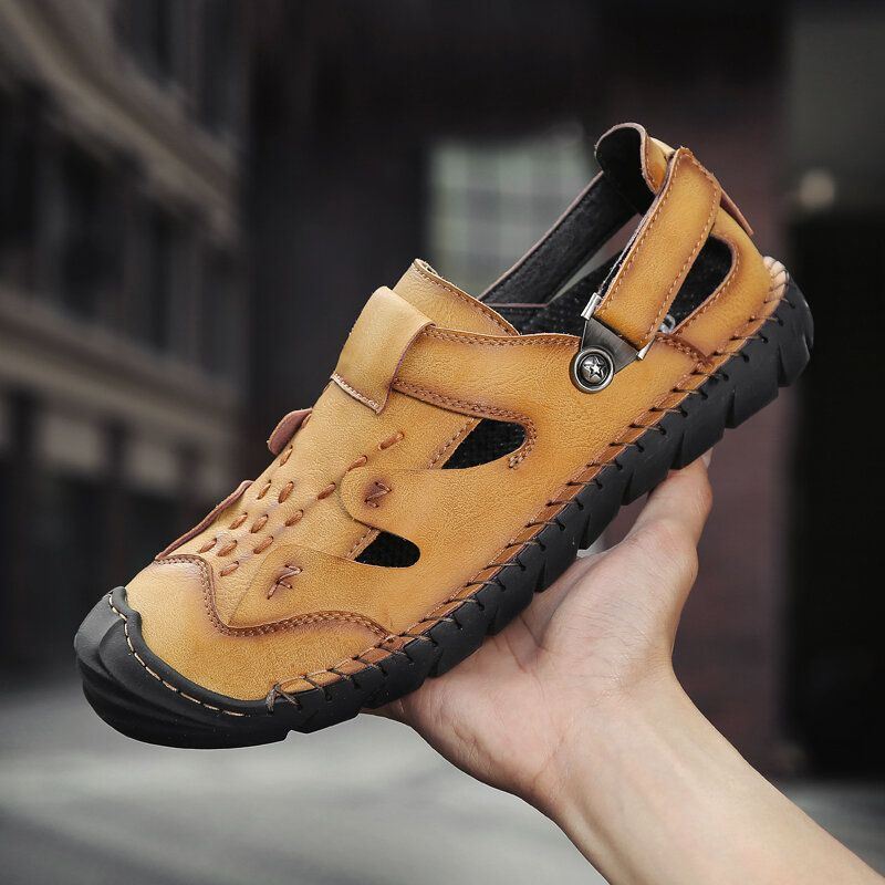 Heren Echt Leer Antislip Anti-collision Toe Sole Casual Sandalen