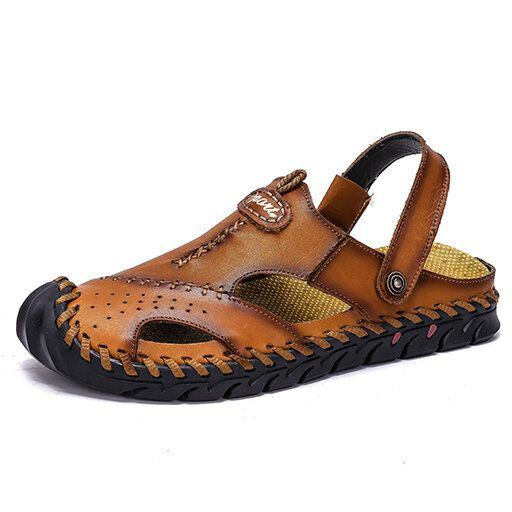 Heren Echt Leer Hand Stiksels Dual-use Hollow Out Ademend Slip Op Gesloten Teen Casual Zomer Sandalen