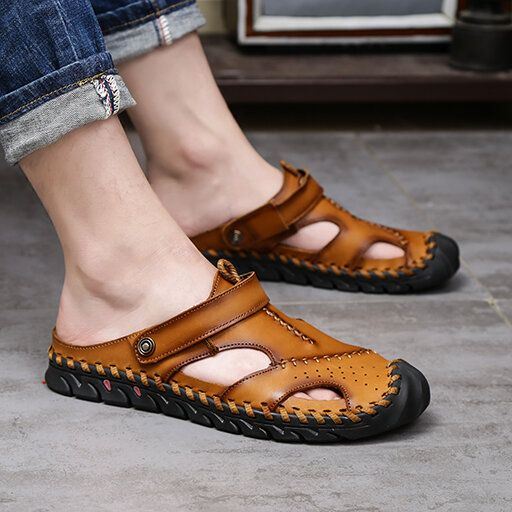 Heren Echt Leer Hand Stiksels Dual-use Hollow Out Ademend Slip Op Gesloten Teen Casual Zomer Sandalen