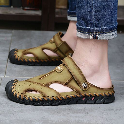 Heren Echt Leer Hand Stiksels Dual-use Hollow Out Ademend Slip Op Gesloten Teen Casual Zomer Sandalen