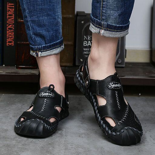 Heren Echt Leer Hand Stiksels Dual-use Hollow Out Ademend Slip Op Gesloten Teen Casual Zomer Sandalen